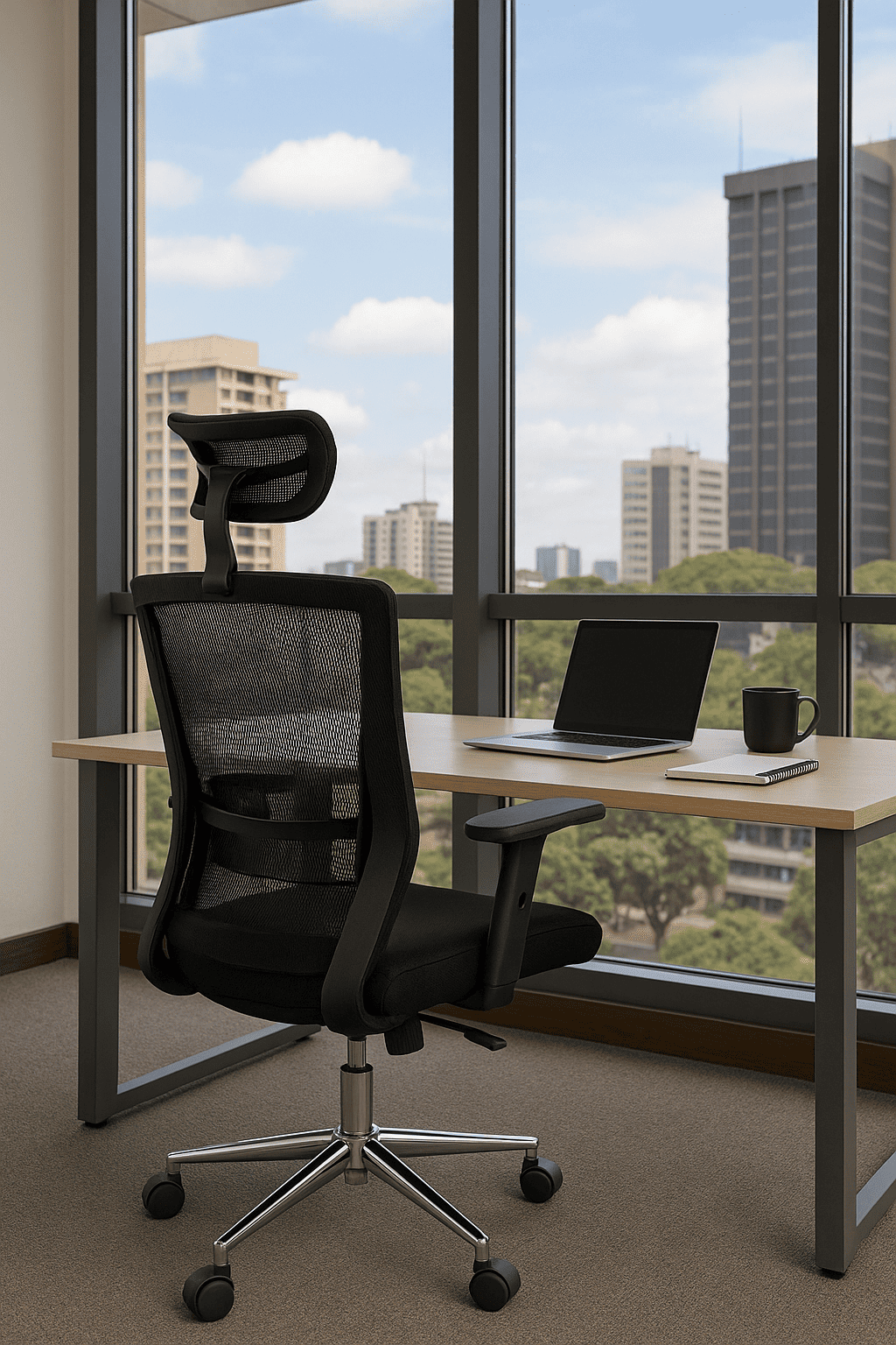 Black mesh ergonomic office chair with headrest positioned at a desk with laptop, notebook, and coffee mug in a high-rise office overlooking the city skyline.